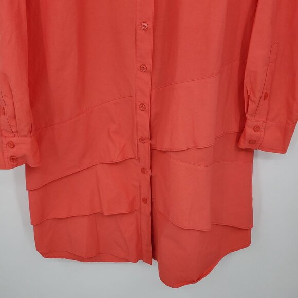 Finley Coral Button Up Long Convertible Sleeve Ruffle Collared Shirt Dress Mediu - Picture 9 of 10